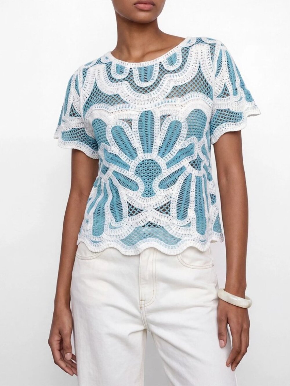 Blue & White Crochet Lace Top Scalloped Hem Short Sleeve T-Shirt